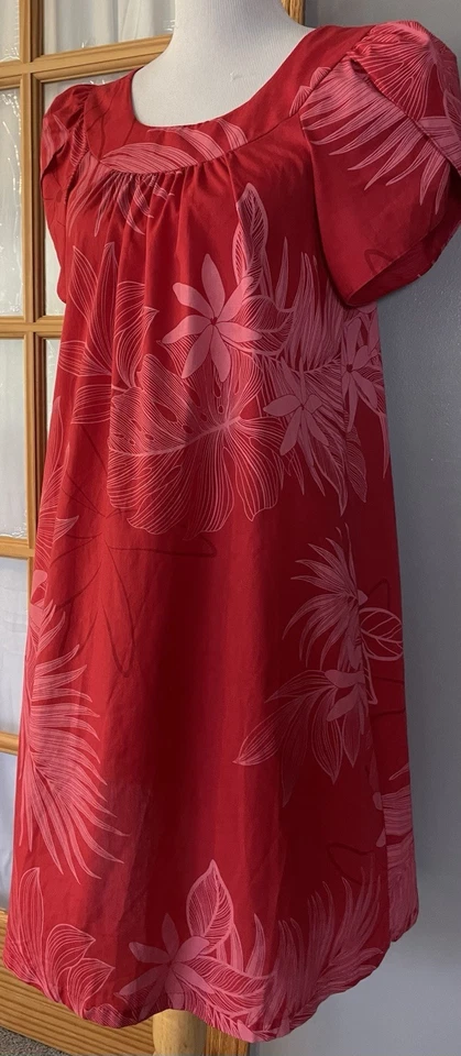 Vestido de Casa Floral Hawaiano De Colección Talla S Rojo Manga Tulipán Tropical Playa Aloha Boho Foto 2 de 4