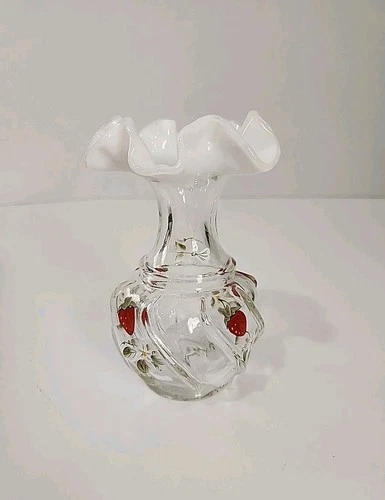 Vintage Fenton Glass Decorated French Opalescent, Shape Vase Strawberries Signed