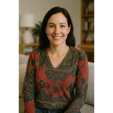 Neiman Marcus Cashmere Sweater Womens Medium Red Paisley Button Front Cardigan