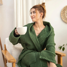 Unisex Hooded Waffle Cotton Robe Soft Lightweight Cozy Bath Spa Loungewear