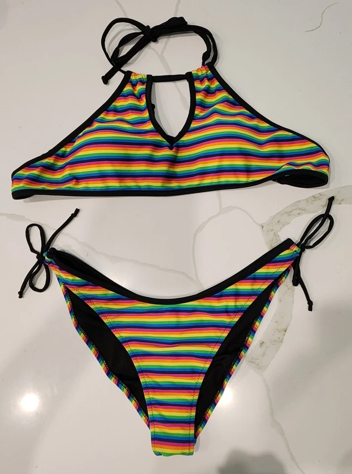 Sexy Rainbow Striped Side-tie Ruched Bottom Halter Top String Bikini Women's XL - Image 3 of 4