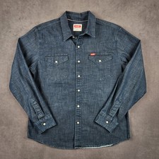 Wrangler Denim Western Shirt Mens Large Blue Slim Fit Woven Long Sleeve Snap