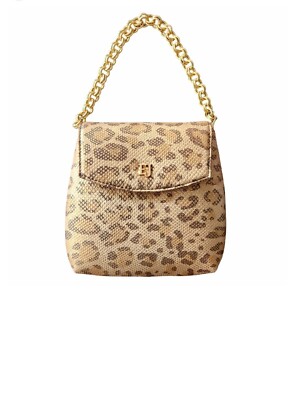Eric Javits NY Leopard Beige Taupe Metallic Gold Chain Mini Handbag Clutch Purse