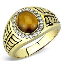 Mens Ring Silver Brown Gold Oval Cut Stainless Steel Ring with Tiger Eye in Topa