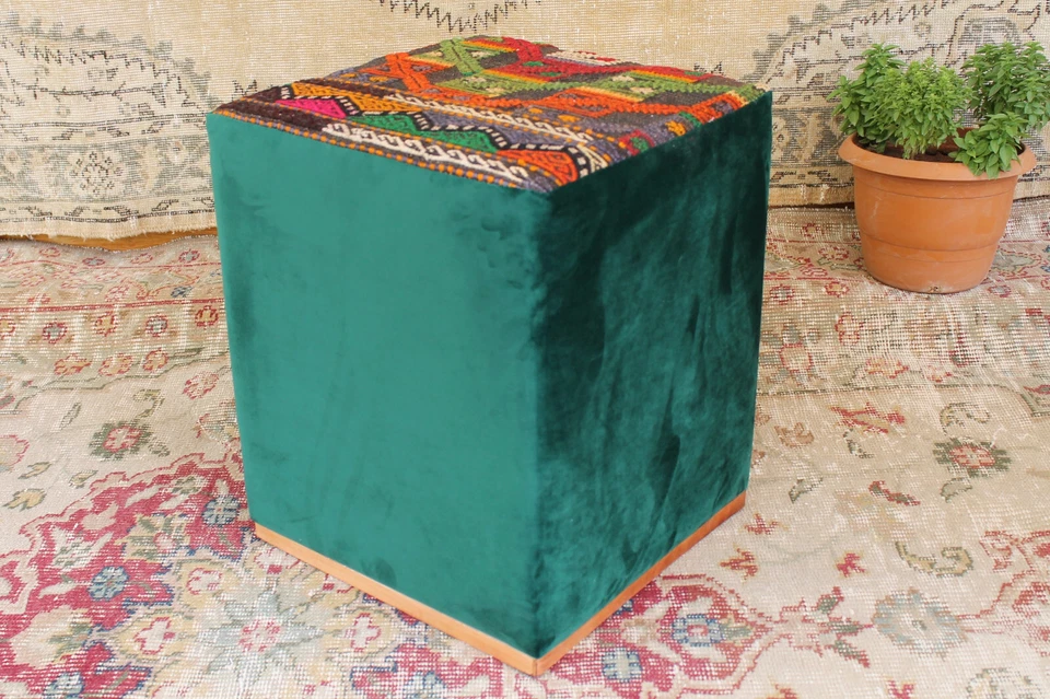 Vintage Kilim Pouf – Handmade Oriental Boho Ottoman Seat Footstool Green Decor - Image 3 of 4