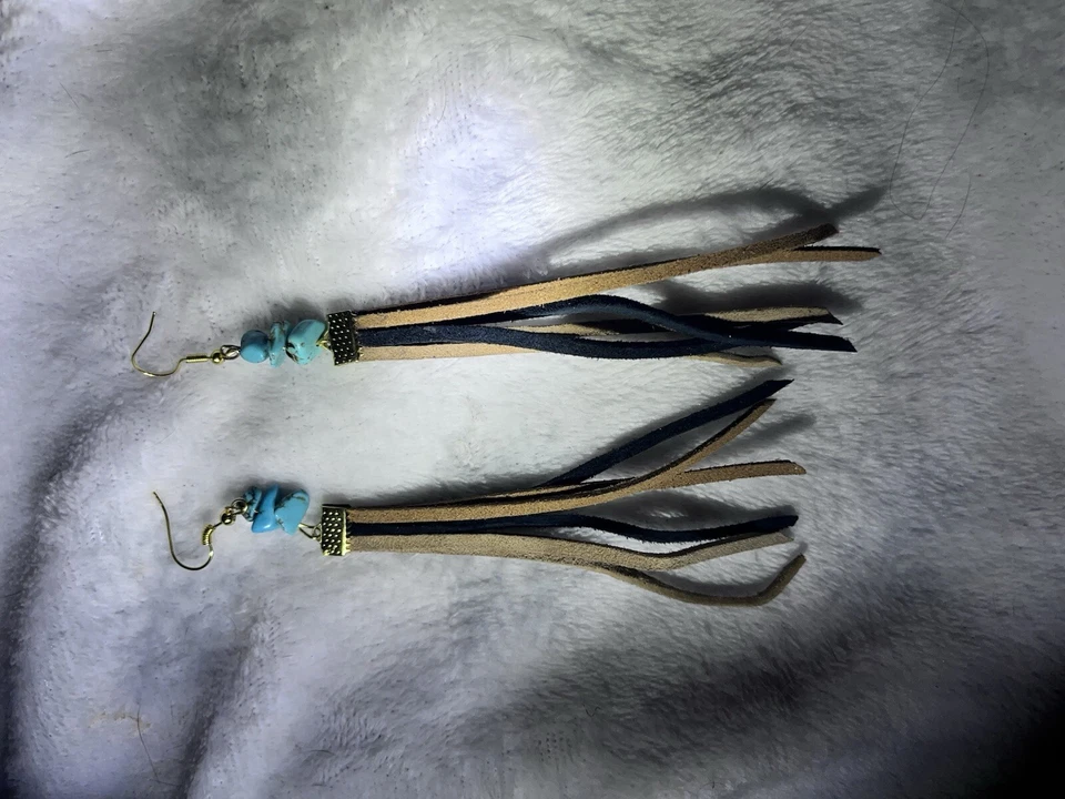 Genuine Turquoise And Suede Leather Tassel Earrings Foto 2 de 3