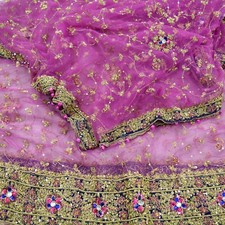 Vintage Heavy Bridal Dupatta Purple Net Mesh Long Stole Hand Embroidered Hijab