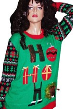 Womens SANTA CLAUS Deer Reindeer ANTLERS Ugly Christmas Sweater Party S L XL NEW