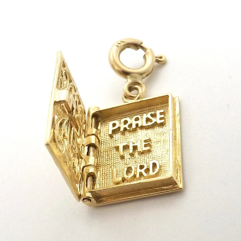 14k Gold Cross Bible Locket Praise The Lord Charm Pendant 1st Communion New - Image 3 of 4