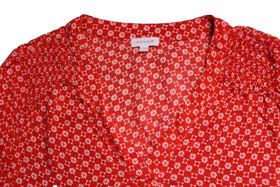 KENAR 长衫罩衫女士尺寸 L 红色白色地理印花 3/4 袖轻便 — 第 2/4 张图片