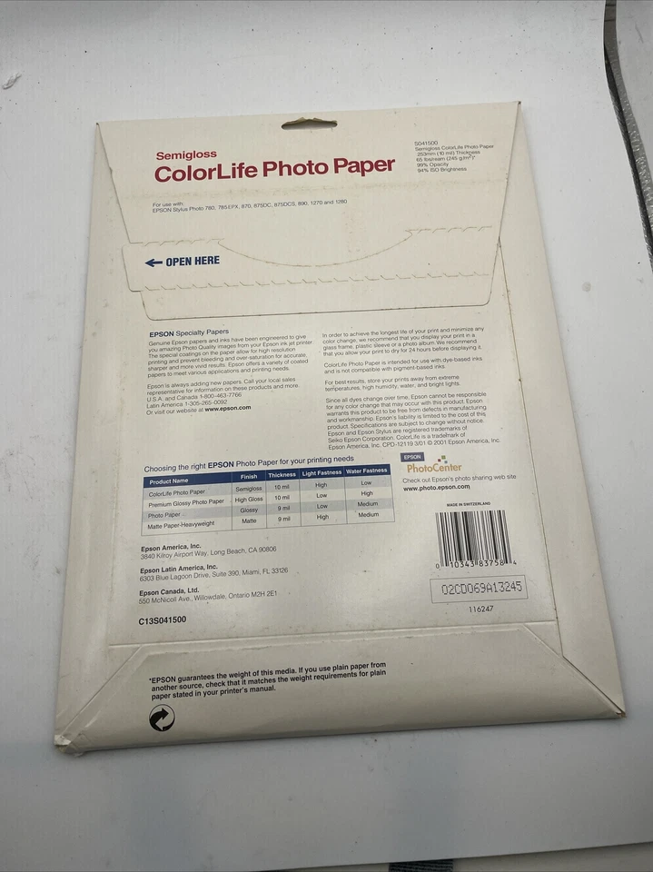 Epson Colorlife Photo Paper Semi gloss 8.5” X 11” S041500 Open Package 20 sheets - Image 2 of 2