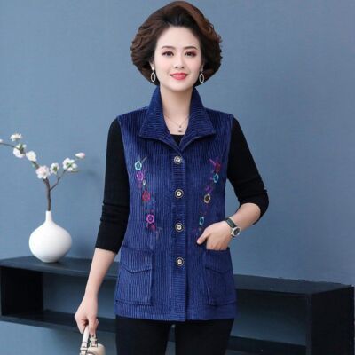 Femme Floral Velours Veste sans Manche Cardigan Gilet Débardeur