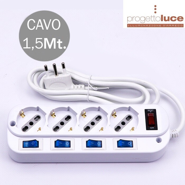 MULTIPRESA ELETTRICA 4 POSTI 5 INTERRUTTORI CIABATTA SCHUKO BIPASSO 10/16A V-TAC
