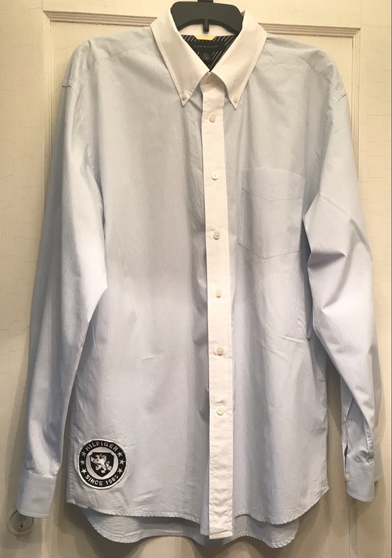 Tommy Hilfiger XL Blue White Button Down Pinstripe Swatch Logo Men’s Shirt