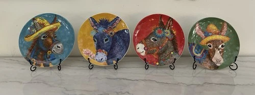 Nice! Set Of 4 Pier 1 Fiesta Donkey Plates 8.5” Earthenware Glazed Art Pottery