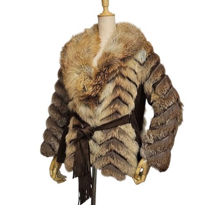Red Fox Real Fur Half Coat with Belt Voluminous Warm Red Brown Japan