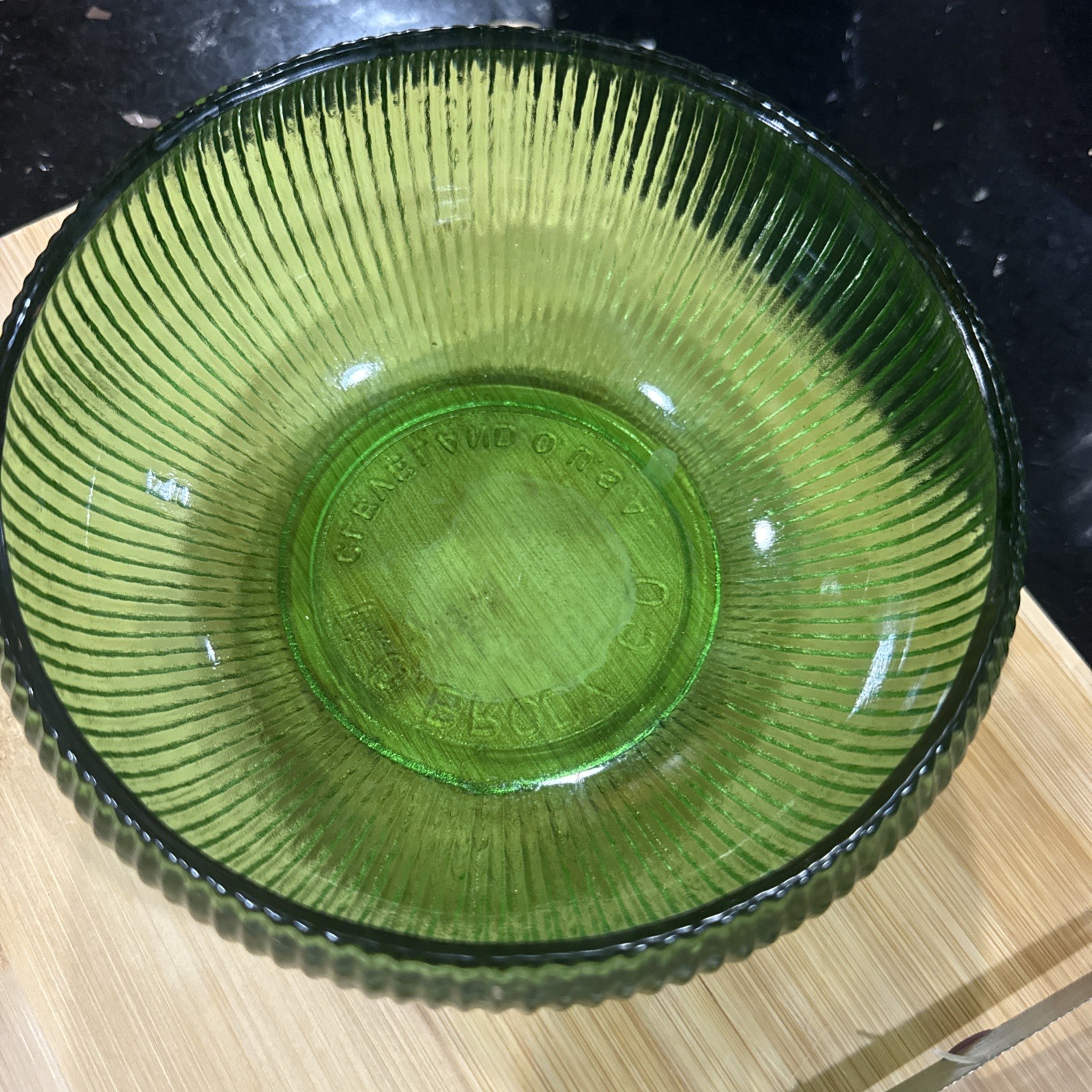 Vintage EO Brody Co Green Ribbed Glass Candy Bowl Cleveland OH Made in USA