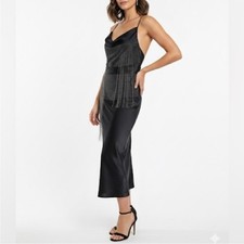 NWT Stella McCartney Cowl Chain Slip Dress Black Fringe Satin LBD Sz 44