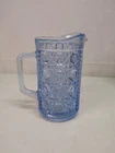 Vintage Indiana Glass Windsor Blue Aegean Button & Cane Milk Pitcher 6" 18oz