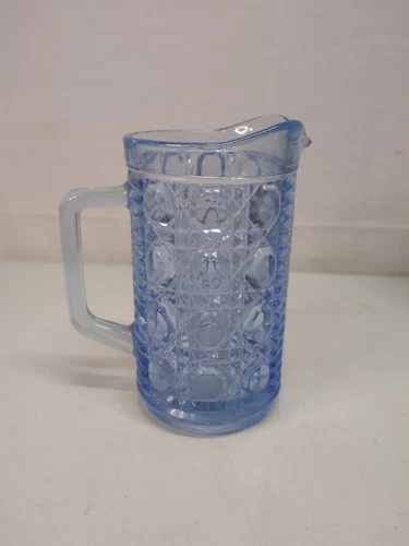 Vintage Indiana Glass Windsor Blue Aegean Button & Cane Milk Pitcher 6" 18oz