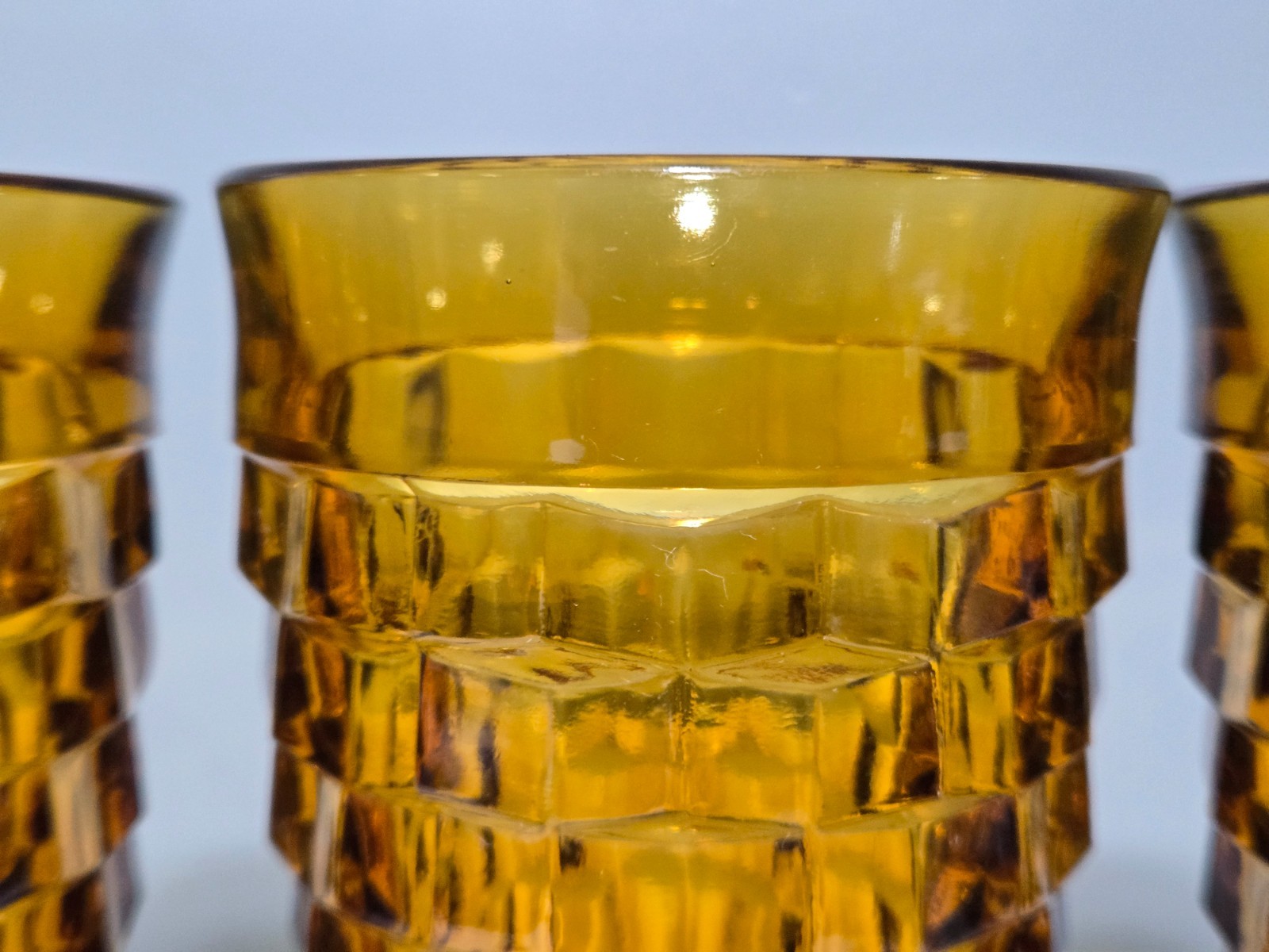 Set of 4 INDIANA GLASS Colony Whitehall Amber Cubist Drinking Glass Tumblers  6"