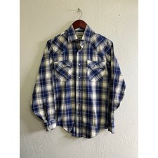Vintage Levi  s Western Plaid Pearl Snap Shirt Blue Beige Mens S Made in Korea