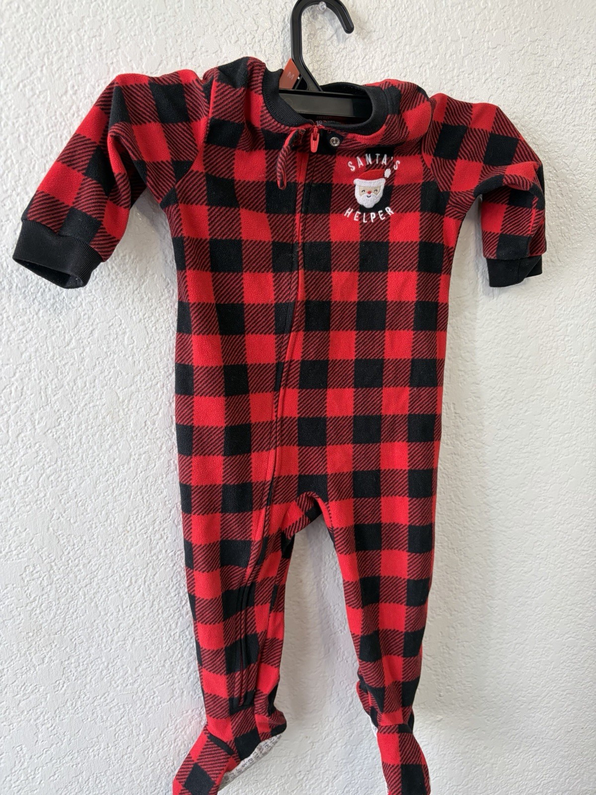 Carter's Santa Claus Red Black Plaid Fleece Footed Pajamas Zip 18 Months
