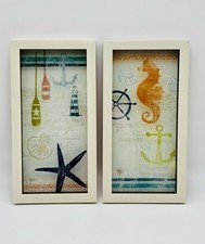 Set Coastal Nautical Wall Art Framed Prints 7x14 Anchors Seahorse Beach D cor