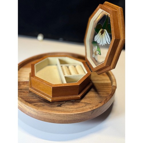Vintage cottagecore stained glass jewelry box wood keepsake box
