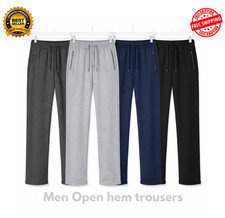 Mens Fleece Jogging Bottoms ZIP Pockets Pants Plain Open Hem Joggers Trouser