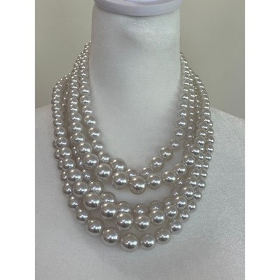 Chunky White Faux Pearl Multi Strand Statement Necklace Silver Tone Adjustable