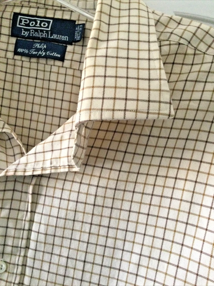 Camisa Polo De Colección por Ralph Lauren 16 1/2-33 Marrón Beige A Cuadros Philip Manga Larga Foto 3 de 4