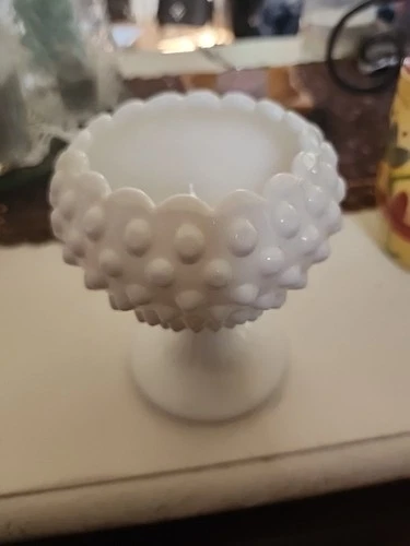 Vintage Fenton Milk Glass Hobnail Crimped Edge Pedestal Bowl