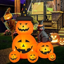 6 FT Halloween Inflatable Outdoor Decor with Ghost Pumpkin and Black Cat