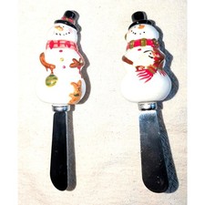 Pair of Christmas Holiday Snowman Stainless Steel Ceramic Cheese Spreaders