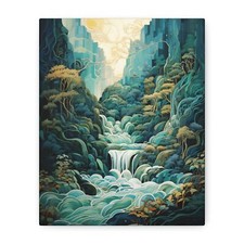 Waterfall Landscape Abstract Style Canvas Wall Art, Teal Green Blue Wall Decor