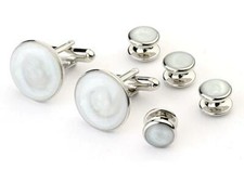NEW Cuff Links Studs White Silver Boxed Round Tuxedo Shirt Formal TUXXMAN