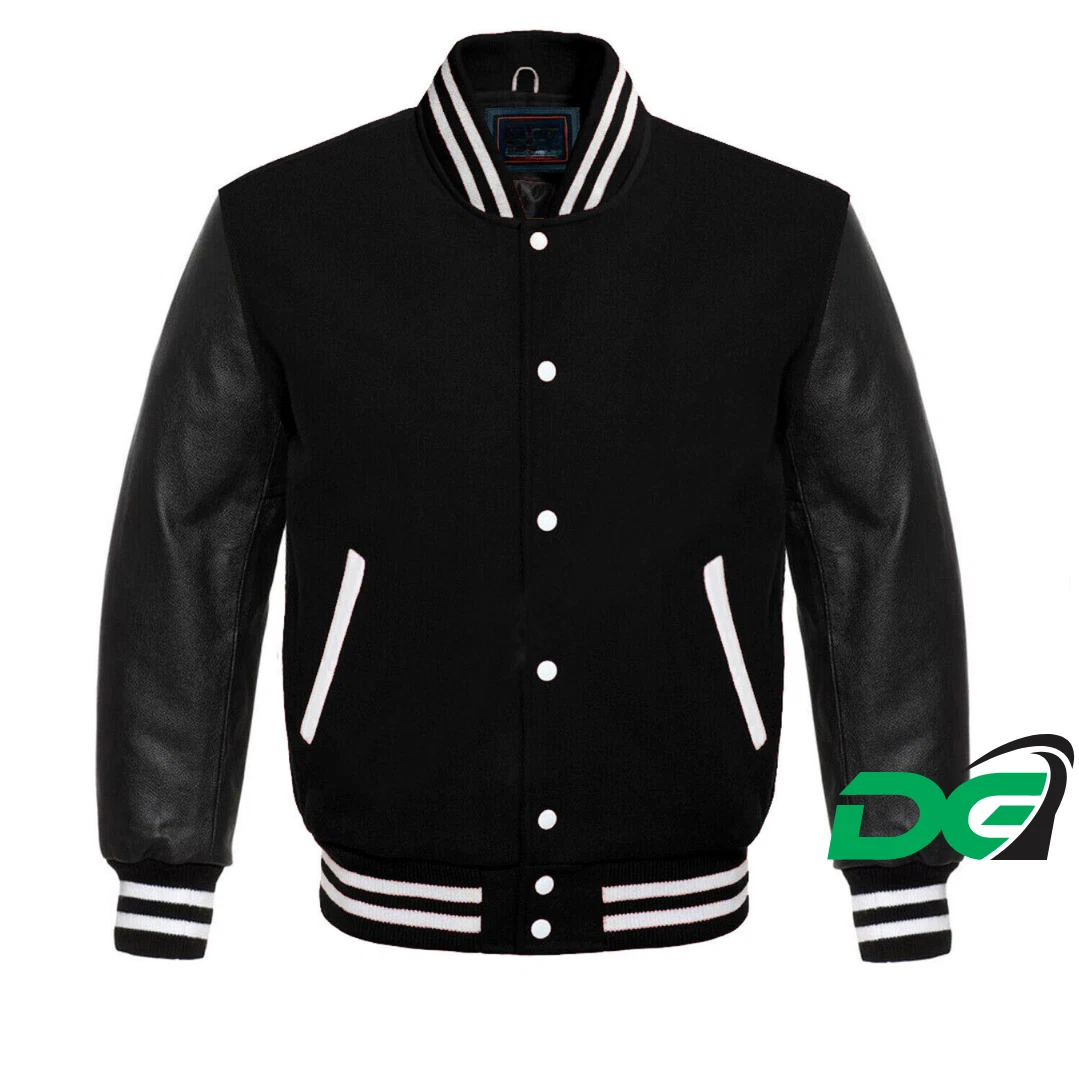 Varsity Letterman Baseball in BLACKWool and Genuine Black Leather Sleeves JACKET