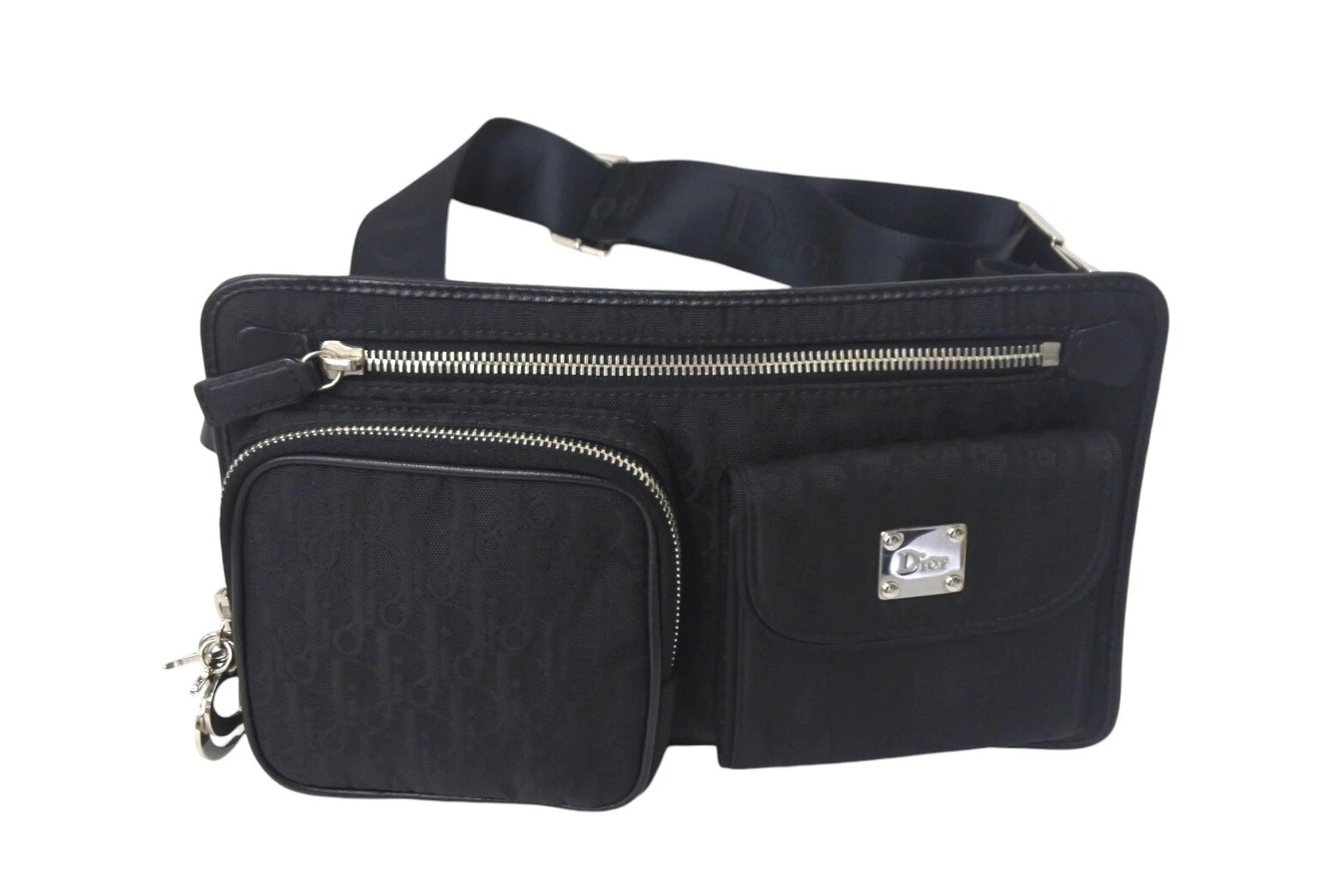 AUTH CHRISTIAN DIOR TROTTER POCHETTE TAILLE CD TOILE NOIRE W26,5XH15,5XD0,5CM F/S