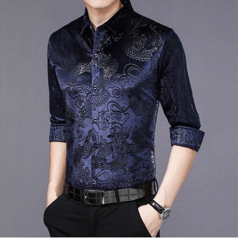 Men Slim Fit Shirt Casual Long Sleeve Pleuche Top Dragon Business Dress  Shirts