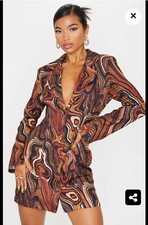  Brown Binded Detail Split Sleeve Button Down Blazer Dress Size Uk 6