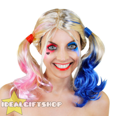 HARLEQUIN WIG HALLOWEEN COSPLAY SQUAD ADULTS FANCY DRESS BLONDE PINK BLUE  WOMENS UK
