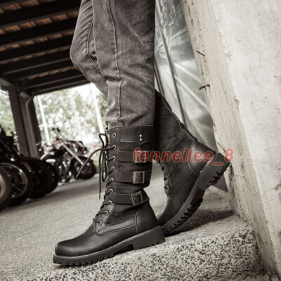 Men's Combat Military Motorcycle Mid Calf Boots Punk Riding Boots