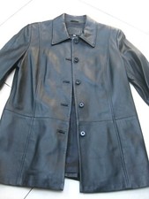 M&S LEATHER JACKET 12 14 COAT black classic butter soft smart hip length real