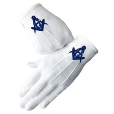 Masonic White Gloves Blue Embroidered G Logo Square Compass Gloves Fit All