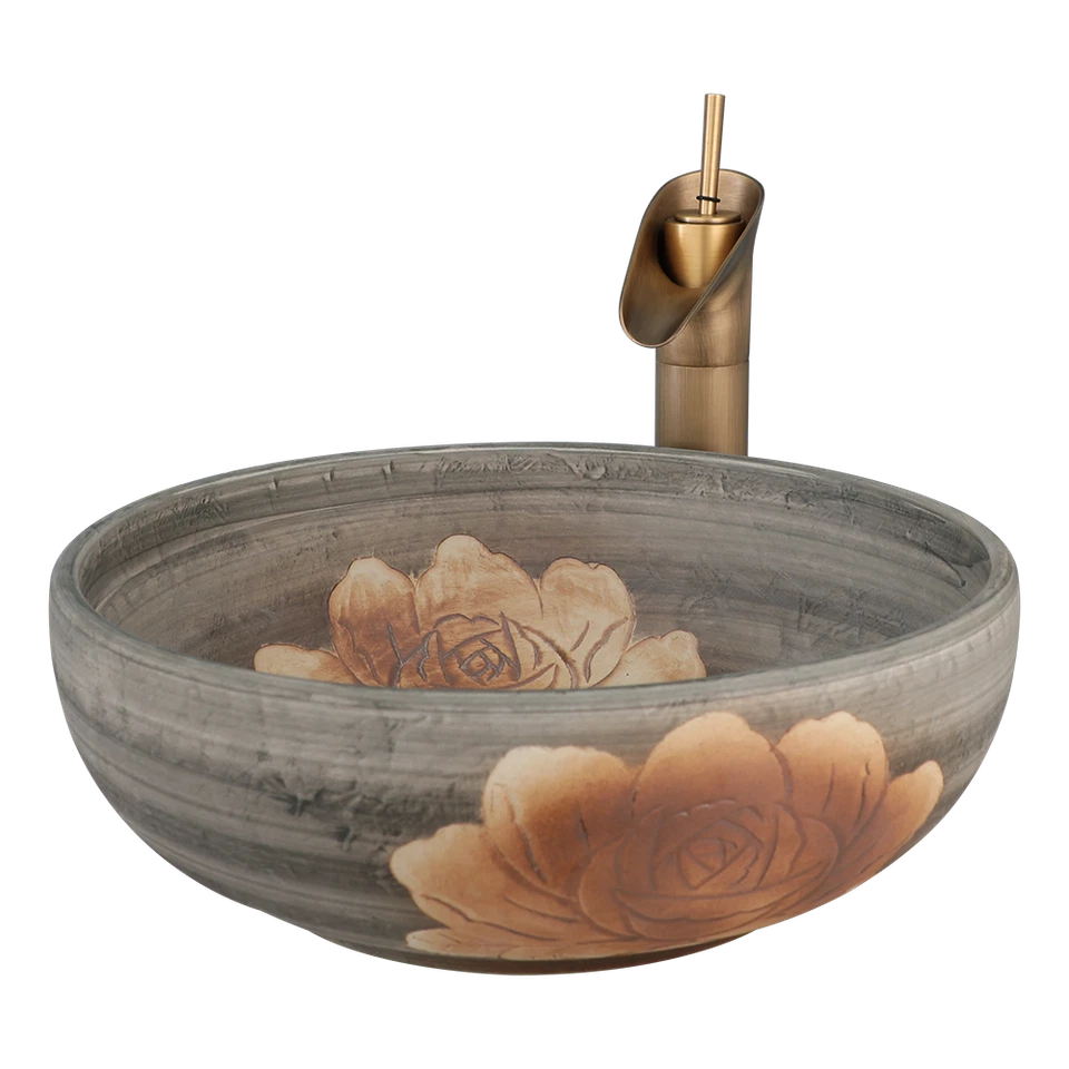 16" Pintura a Mano Baño Redondo Cerámica Lavabo Recipiente Fregadero Cascada Grifo Drenaje Foto 4 de 4