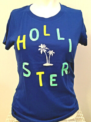 Hollister Co Big Print Logo Tee T-Shirt LARGE blue royal round
