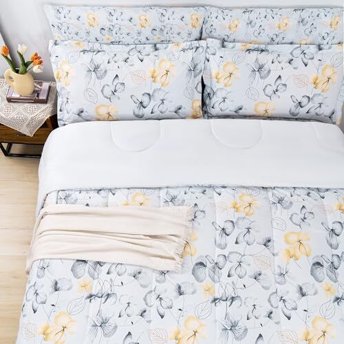 Floral Printed Comforter Set with Sheets, Queen Yellow and Grey Flower