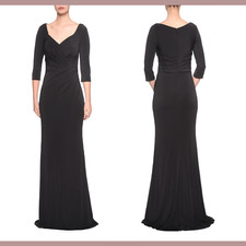 NWT 365 La Femme  16  V Neck Ruched Jersey Column Gown in Black J260