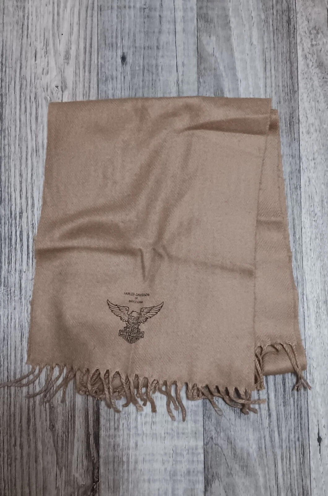 Harley Davidson Barcelona Tan Brown Logo Fringe Outdoor Biker Casual Scarf
